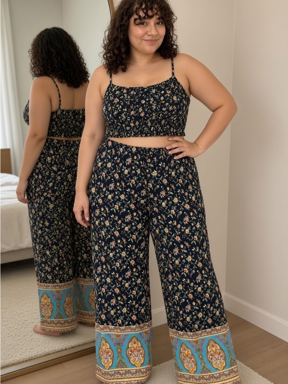 Floral Smocked Cropped Cami - Black Floral